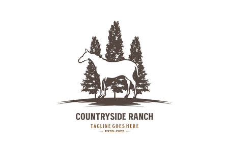 Vintage Horse Stallion with Pine Forest Countryside Rural Ranch Logoのイラスト素材
