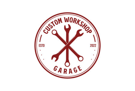 Vintage Retro Crossed Wrench Badge Emblem for Custom Garage Workshop Service Logoのイラスト素材