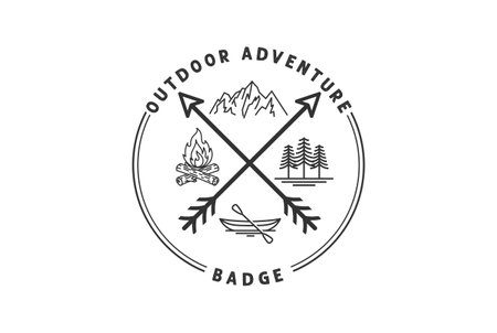 Vintage Retro Crossed Arrowhead with Mountain Bonfire Boat and Forest for Hunting Outdoor Adventure Badge Emblemのイラスト素材