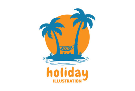 Sunset Beach Island with Palm Trees and Hammock for Tourism Travel Holiday Illustrationのイラスト素材