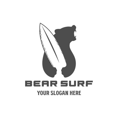 Vintage Retro Angry Bear hold Surf Board for Surfing Sport Club Logo Design Vectorのイラスト素材