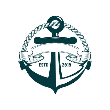 Vintage Retro Hipster Anchor Badge Emblem with Ribbon and Rope for Nautical Logo Design Vectorのイラスト素材