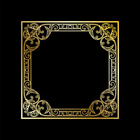 Vintage Golden Square Royal Border Frame with Ornaments on Black Dark Backgroundのイラスト素材