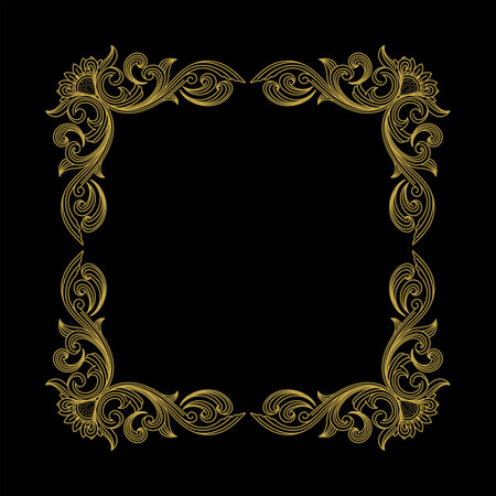 Vintage Square Royal Border Frame with Golden Art Deco Ornaments on Black Dark Backgroundのイラスト素材