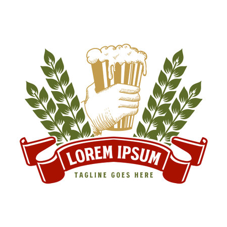 Vintage Retro Malt Grain with Beer Mug Glass and Ribbon Badge Emblem Label for Craft Brewery Stamp Vectorのイラスト素材