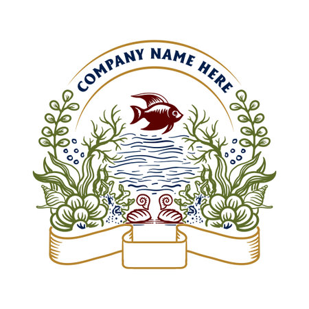 Vintage Retro Ocean Sea Reef Snail and Fish Badge Emblem Label for Aquarium Illustration Vectorのイラスト素材