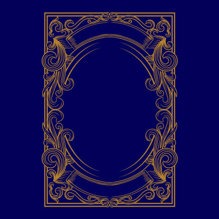 Vintage Square Royal Border Frame with Golden Art Deco Ornaments on Blue Dark Backgroundのイラスト素材