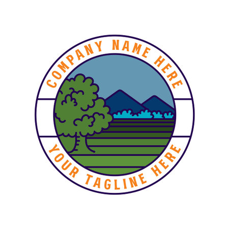 Circular Mountain Hill Landscape with Meadow and Oak Tree for Outdoor Adventure Badge Emblem Labelのイラスト素材