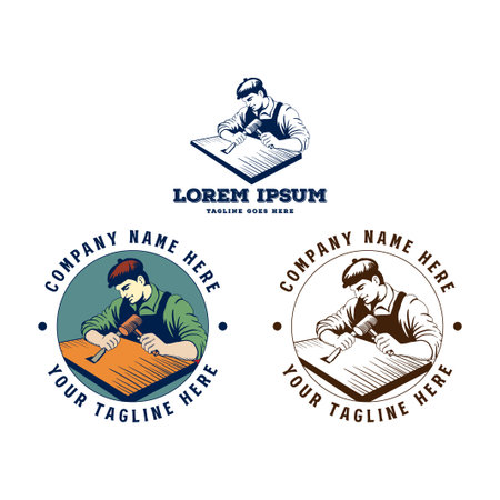 Vintage Retro Man Male hold Wooden Hammer and Chisel for Carpentry Woodwork Badge Emblem Label Logo Designのイラスト素材