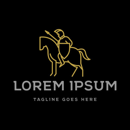 Horse Knight Silhouette, Medieval Horseman Horseback Warrior bring Pike Spear and Shield Line Style Logo Design Vectorのイラスト素材