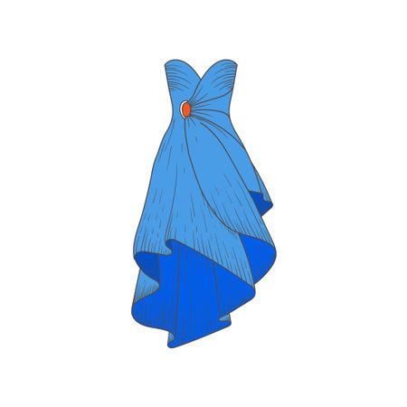 Stylized blue evening dress illustration with flowing fabric and minimalist decorative details.のイラスト素材