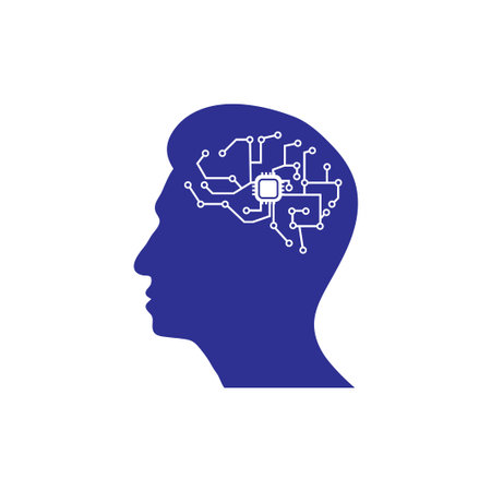 Minimal human head silhouette with electronic circuit elements representing artificial intelligence and digital technology.のイラスト素材