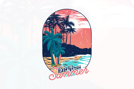Endless summer tropical surfing in summer with palm trees and sun t shirt Vector illustration.のイラスト素材