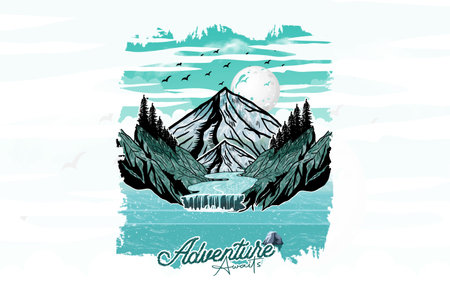 Adventure awaits outdoor hand-drawn t shirt print illustrationのイラスト素材