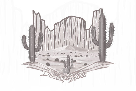Desert vibes vintage hand-drawn t shirt print illustrationのイラスト素材