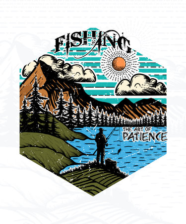 Fishing The art of Patience outdoor graphic t shirt design illustrationのイラスト素材