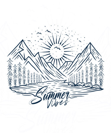 Summer vibes mountain lake outdoor t shirt designのイラスト素材