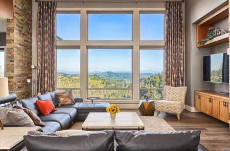 Furnished living room in upscale new homeの写真素材