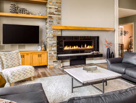 Furnished living Room in Luxury Home with Roaring Fireplaceの写真素材