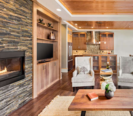 living room in luxury home with hrdwood floors, fireplace, tv, built-ins, and view of kitchenの写真素材
