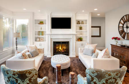 Beautiful living room with hardwood floors and amazing viewの写真素材