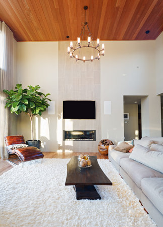living room with vaulted ceilings in new luxury homeの写真素材