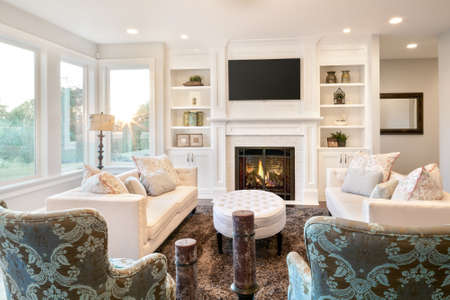 Beautiful living room with hardwood floors and amazing viewの写真素材