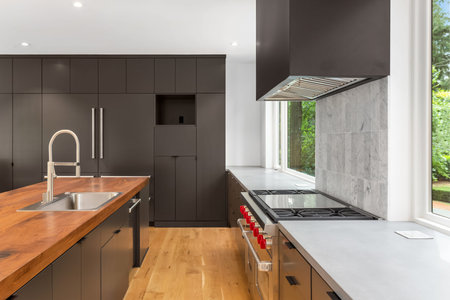 Modern Kitchen in New Luxury Home with Sleek Lines and Elegant Finishesの写真素材