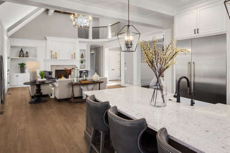 Beautiful kitchen and living room in new traditional style luxury home. Features vaulted ceilings, fireplace with roaring fire, and elegant furnishings.の写真素材