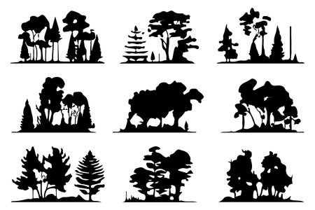 trees and forest silhouettes set isolated vector illustrationのイラスト素材