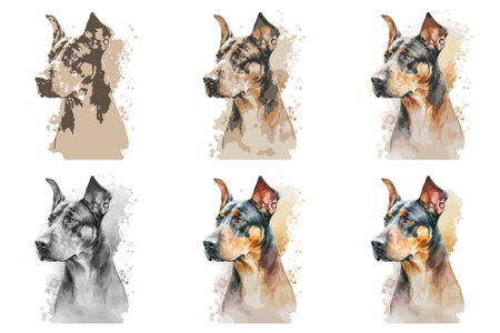 Set of portraits of doberman dogs. Hand drawn watercolor illustration.のイラスト素材