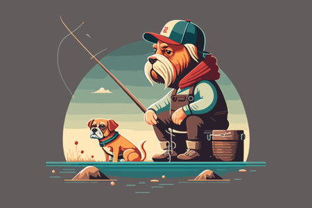 Fisherman with a fishing rod and a dog. Vector illustrationのイラスト素材