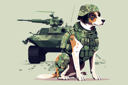 Vector illustration of a dog in a military uniform and a tank.のイラスト素材