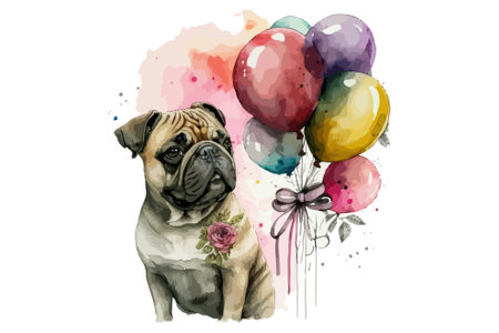 Watercolor illustration of a cute pug dog with flowers and balloonsのイラスト素材