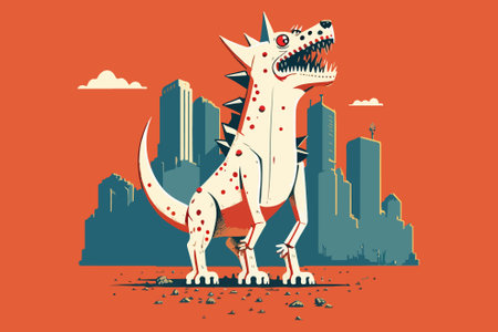 Cartoon dinosaur on the background of the city. Vector illustration.のイラスト素材