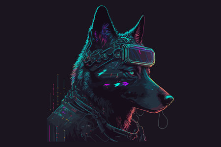 Portrait of a German shepherd dog in virtual reality glasses. Vector illustration.
