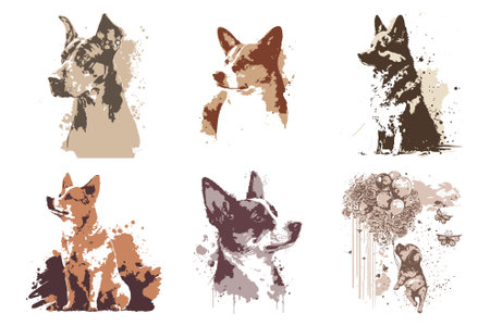 Vector set of dogs silhouettes with splashes and blots.のイラスト素材