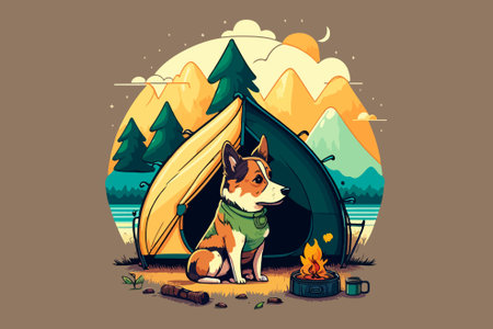 Cute dog sitting in a tent near the campfire. Vector illustrationのイラスト素材