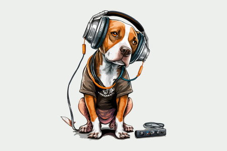 Illustration of a dog listening to music with headphones, isolated on white backgroundのイラスト素材