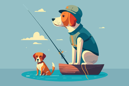 Fisherman with a fishing rod and a dog. Vector illustrationのイラスト素材