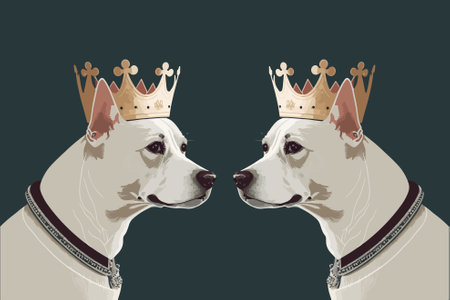 Two dogs with crowns on their heads. Vector illustration. Isolated on dark background.のイラスト素材