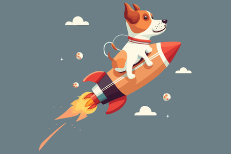 Cute dog flying on a rocket. Vector illustration in cartoon style.のイラスト素材