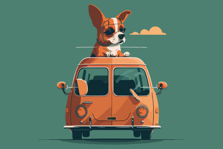 Cute dog traveling by car. Vector illustration in cartoon style.のイラスト素材
