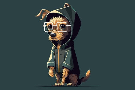 Funny dog in a hood. Vector illustration on a dark background.のイラスト素材