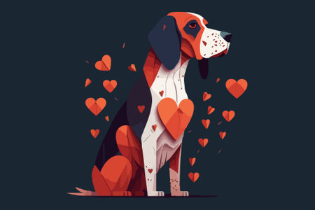 Vector illustration of a dog in love with hearts on a dark background.のイラスト素材