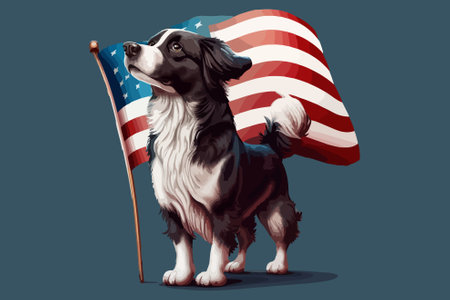 Cartoon black and white border collie dog with american flagのイラスト素材