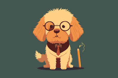 Cute dog in glasses and tie with pencil. Vector illustration.のイラスト素材