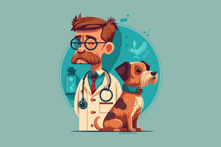Veterinarian with a dog. Vector illustration in cartoon style.のイラスト素材