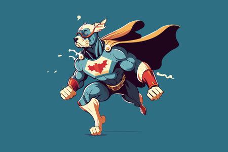 Superhero dog running. Vector illustration in cartoon style. Isolated on blue background.のイラスト素材