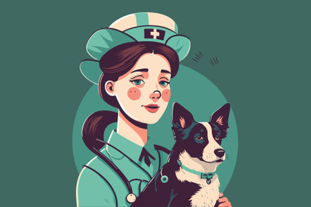 Vector illustration of a nurse with a dog on a green background.のイラスト素材